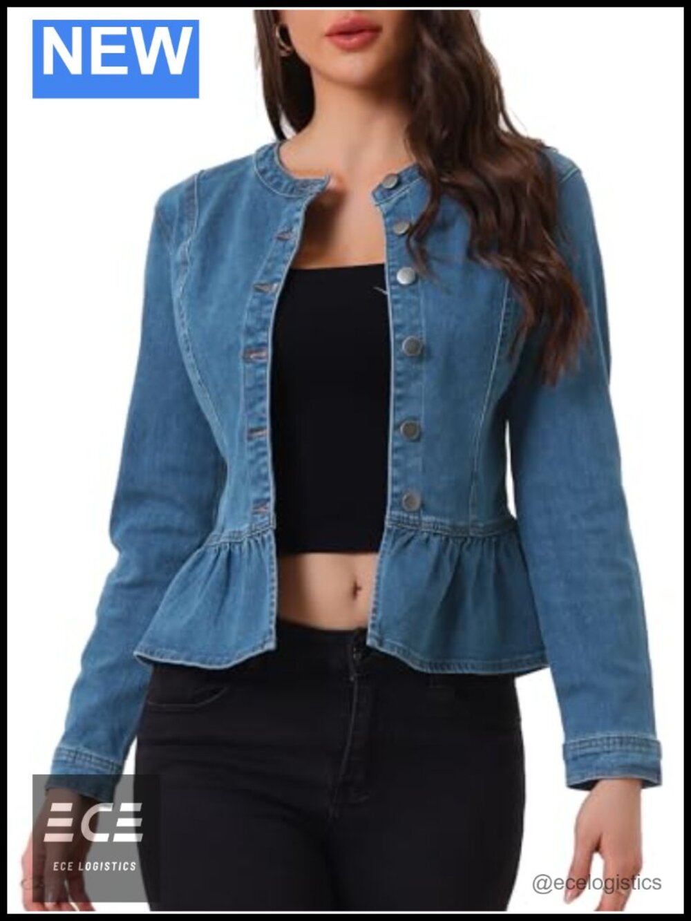 Peplum Denim Jacket Collarless Ruffle Hem Puff Sleeve Women's